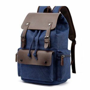 Vintage Leather Backpack Denim Canvas Laptop Rucksack